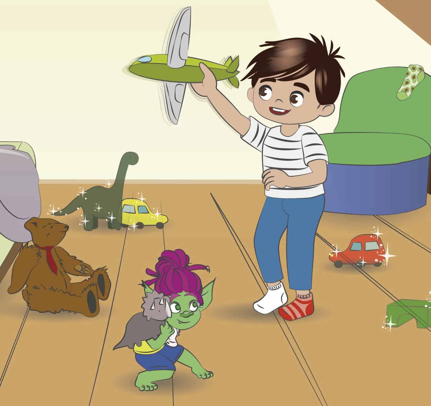 Illustration einen Jungen der iin seinem Zimmer spielt